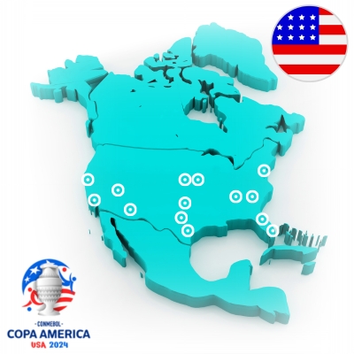 karta som visar nordamerika och städer där Copa America spelas